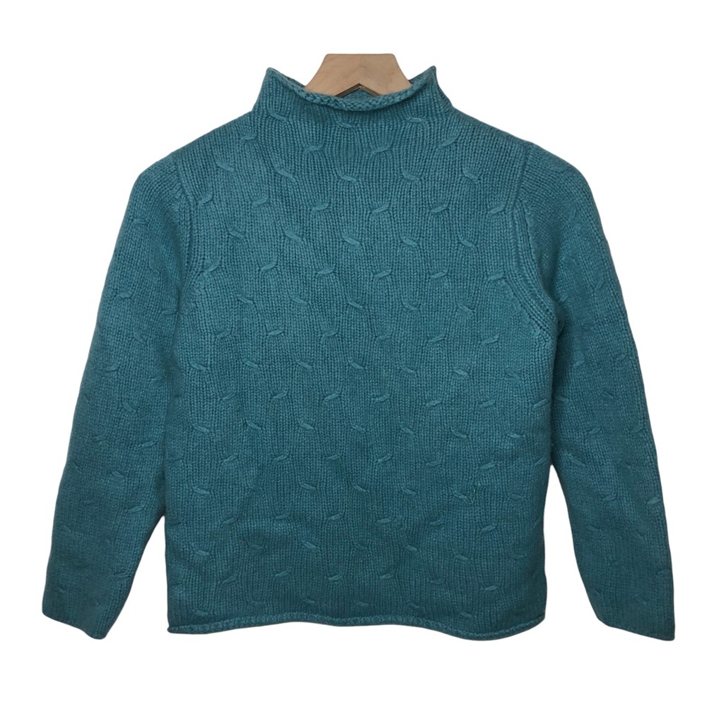 ML Studio Teal Blue Cable Knit 100% Cashmere Mock Neck Sweater